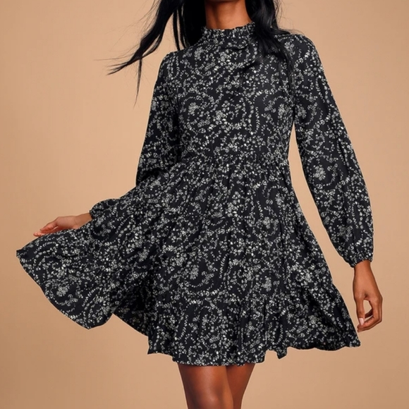 Little Love Black Floral Print Long Sleeve Babydoll Dress - Picture 1 of 5